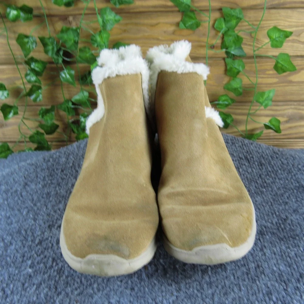 Skechers On The Go Dreamy Suede Ankle Boots Women's Faux Fur Trim Warm Tan 7.5 M